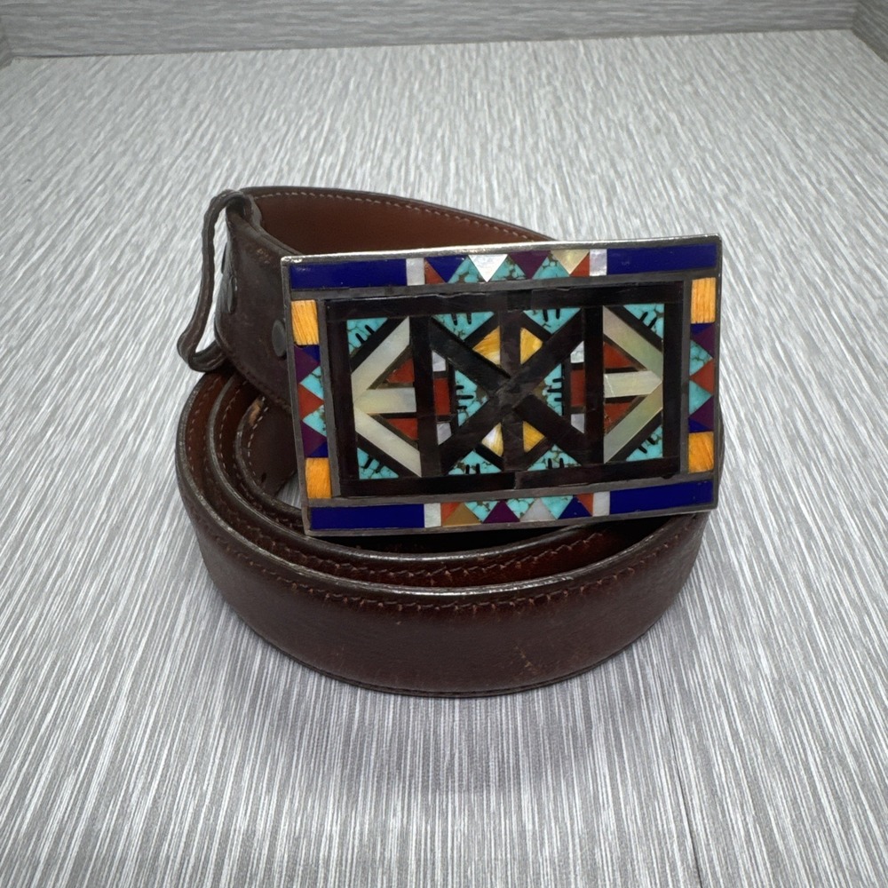 Tom Taylor Sterling Silver Turquoise Coral‎ Mother of Pearl Guild Style Belt 40